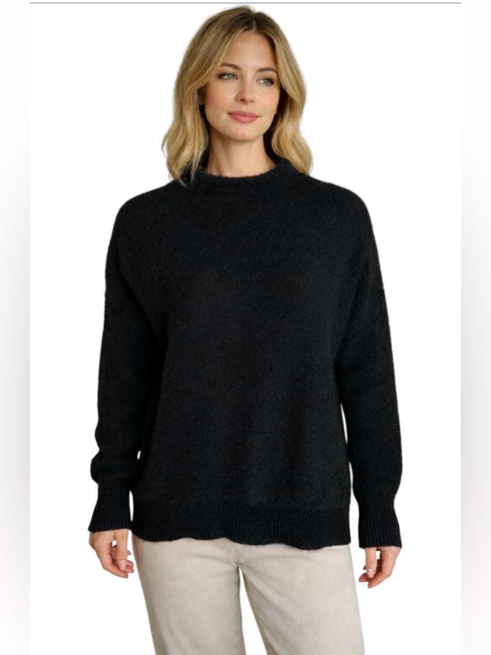 Magaschoni Black Cashmere Mock Neck Pullover Sweater Women's Sz L Quiet Luxury